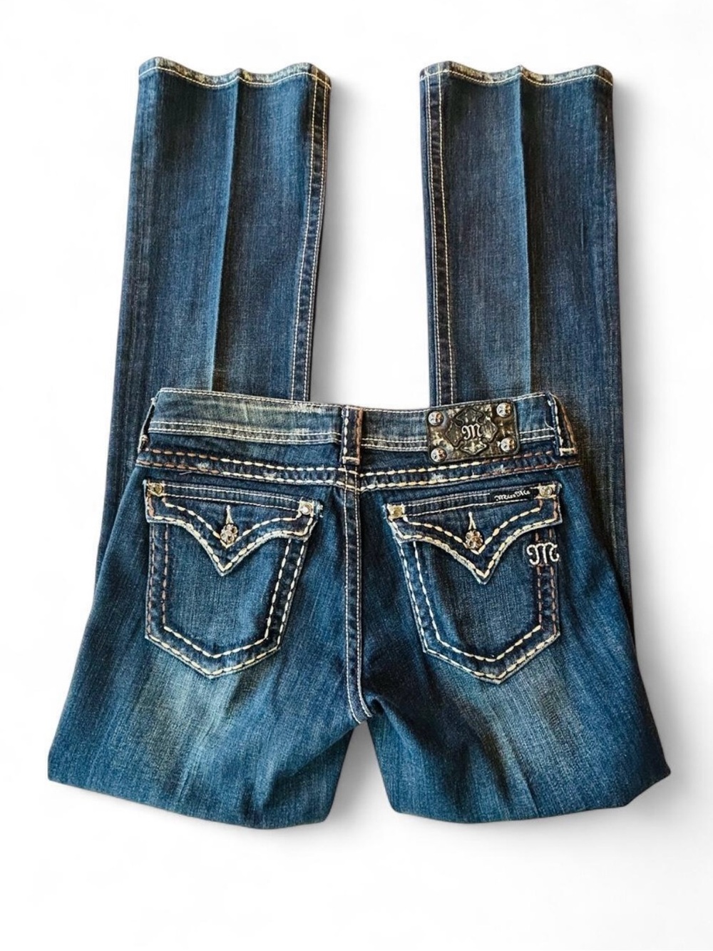 Miss Me Women's Dark Wash Low Rise Thick Stitch Pocket Size 29 Rock Y2K Retro